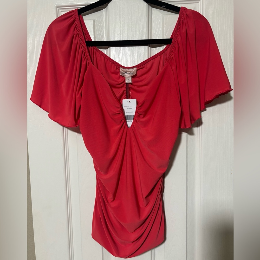 Vibrant Red Flutter Sleeve Ruched Blouse